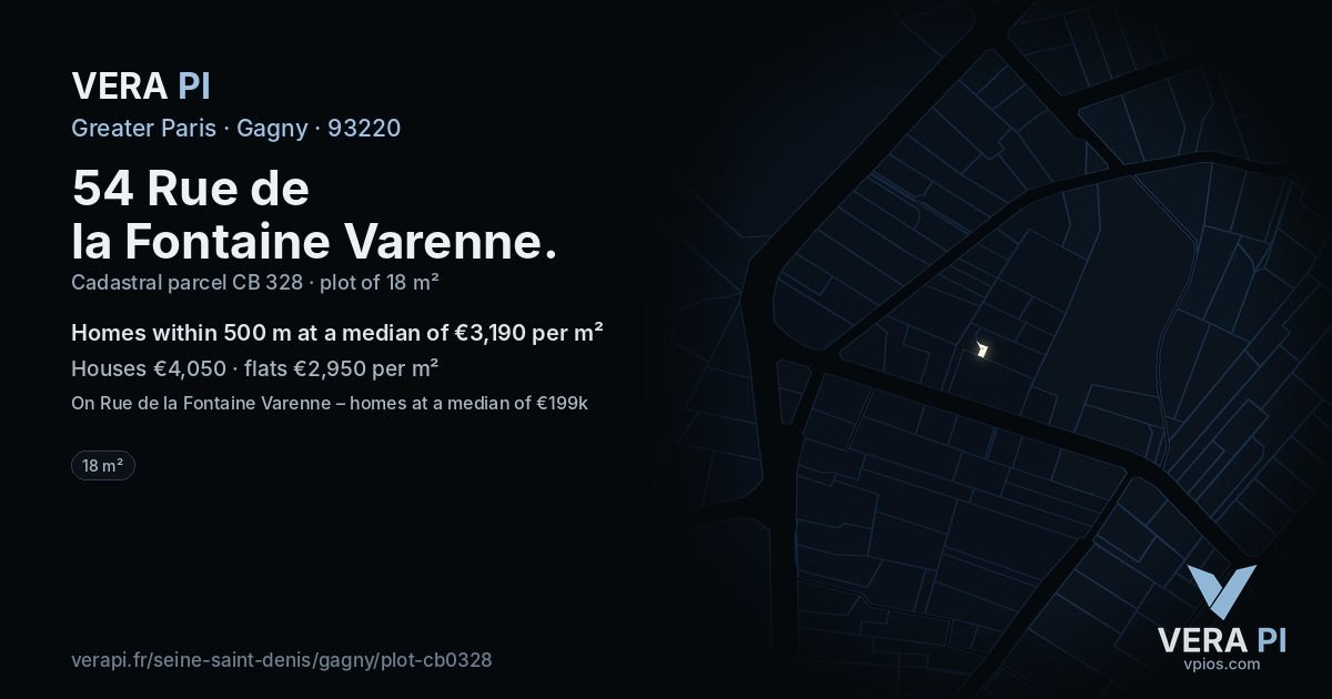 54 Rue de la Fontaine Varenne, Gagny at night – the plot lit, the parcels around coloured by the prices near them