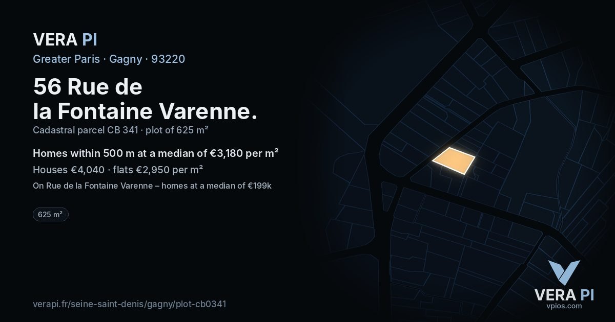56 Rue de la Fontaine Varenne, Gagny at night – the plot lit, the parcels around coloured by the prices near them