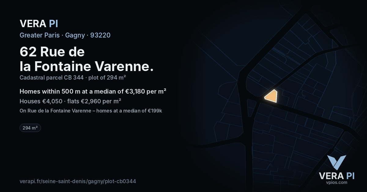 62 Rue de la Fontaine Varenne, Gagny at night – the plot lit, the parcels around coloured by the prices near them