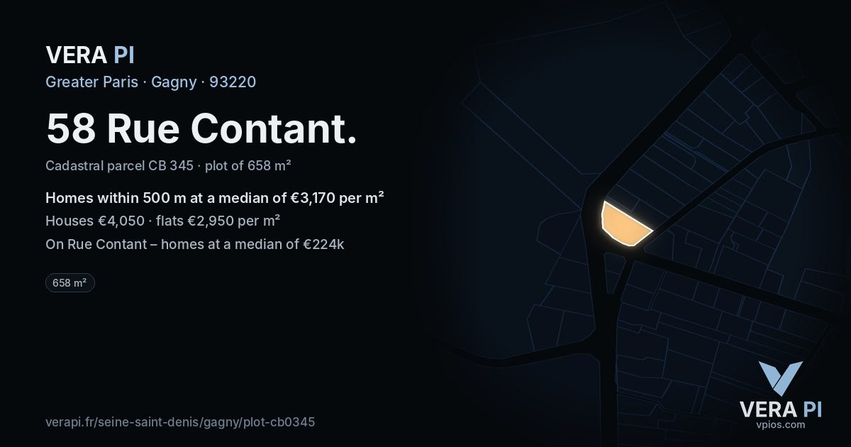 58 Rue Contant, Gagny at night – the plot lit, the parcels around coloured by the prices near them