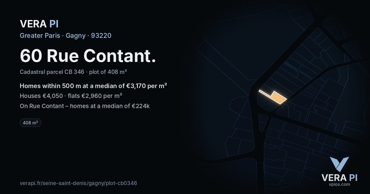 60 Rue Contant, Gagny at night – the plot lit, the parcels around coloured by the prices near them