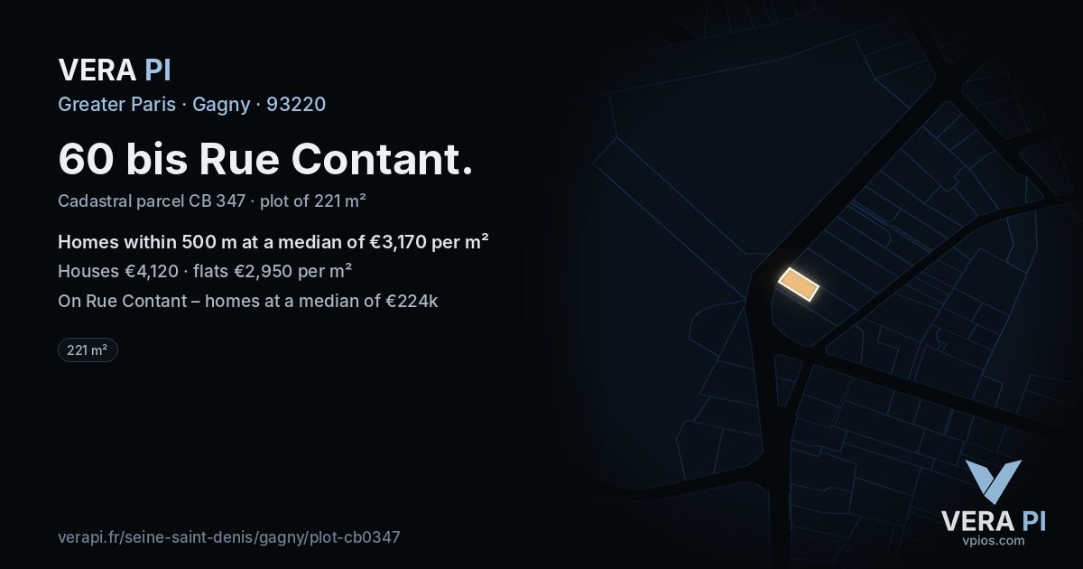 60 bis Rue Contant, Gagny at night – the plot lit, the parcels around coloured by the prices near them