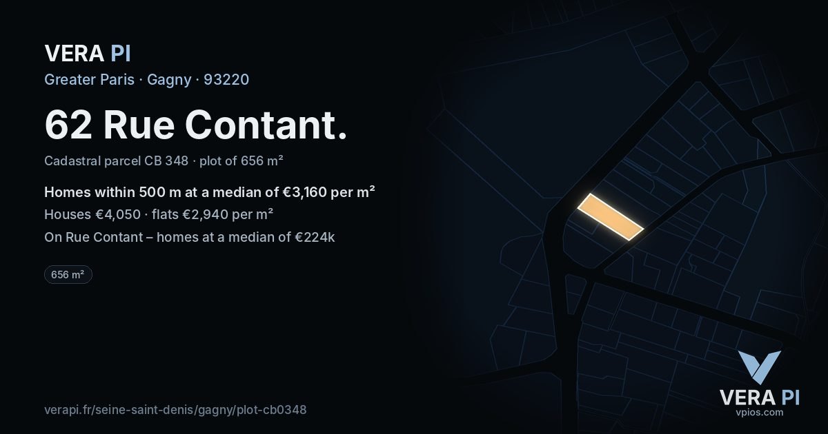 62 Rue Contant, Gagny at night – the plot lit, the parcels around coloured by the prices near them