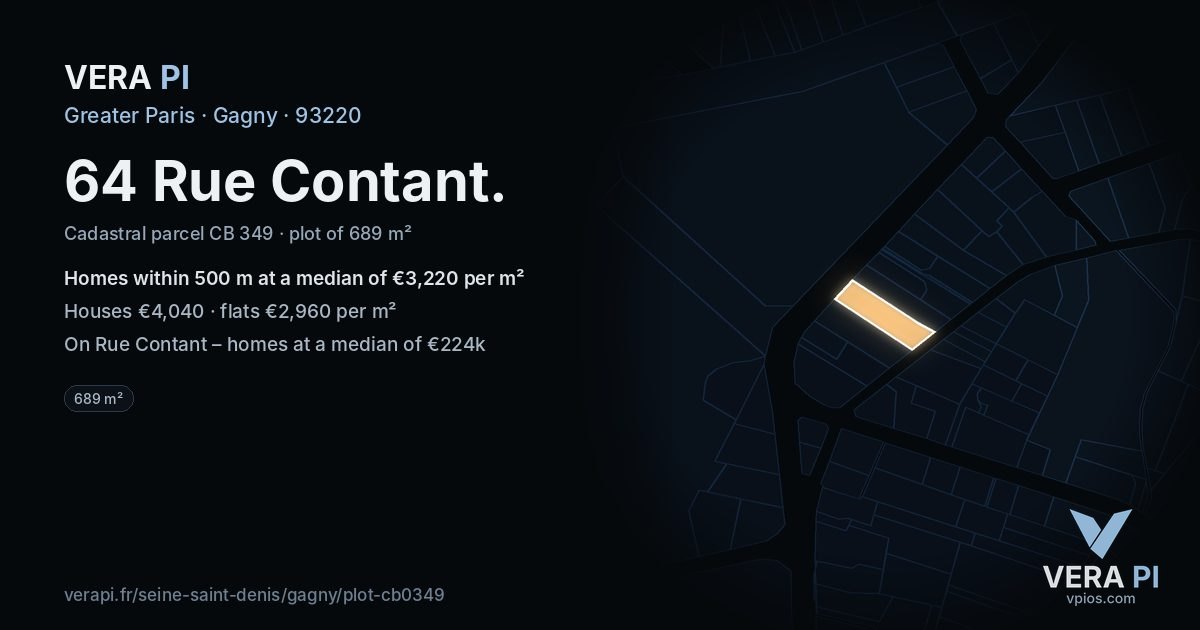 64 Rue Contant, Gagny at night – the plot lit, the parcels around coloured by the prices near them