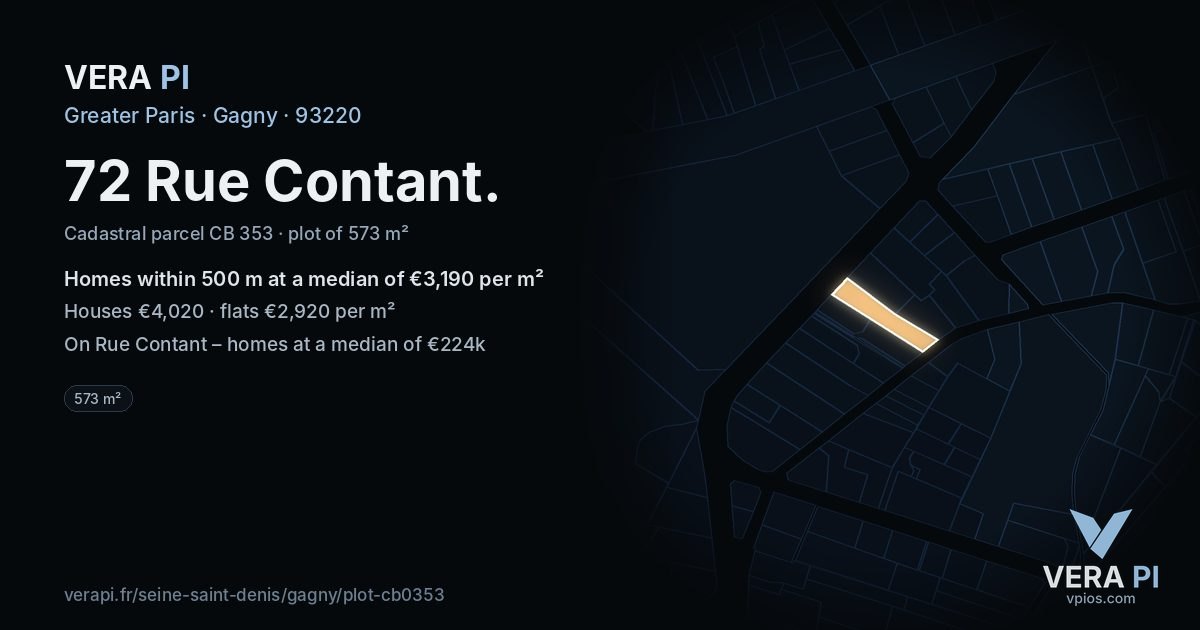 72 Rue Contant, Gagny at night – the plot lit, the parcels around coloured by the prices near them