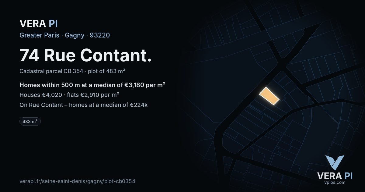 74 Rue Contant, Gagny at night – the plot lit, the parcels around coloured by the prices near them