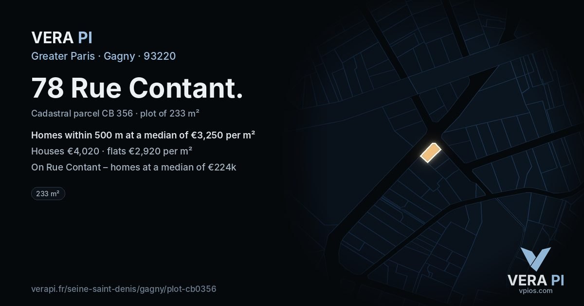 78 Rue Contant, Gagny at night – the plot lit, the parcels around coloured by the prices near them