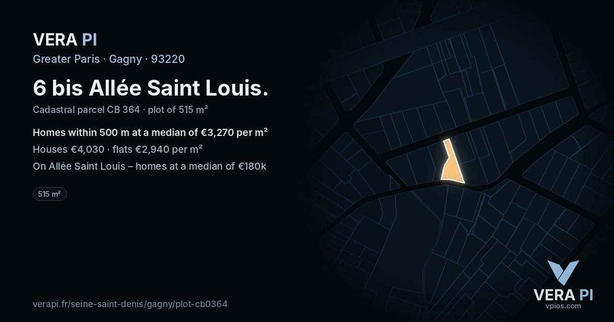 6 bis Allée Saint Louis, Gagny at night – the plot lit, the parcels around coloured by the prices near them