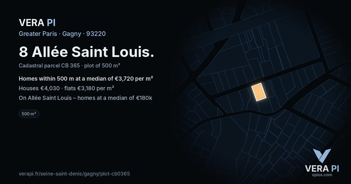 8 Allée Saint Louis, Gagny at night – the plot lit, the parcels around coloured by the prices near them