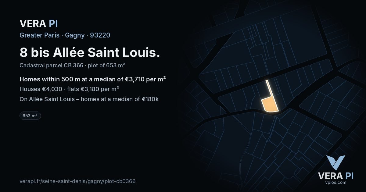 8 bis Allée Saint Louis, Gagny at night – the plot lit, the parcels around coloured by the prices near them