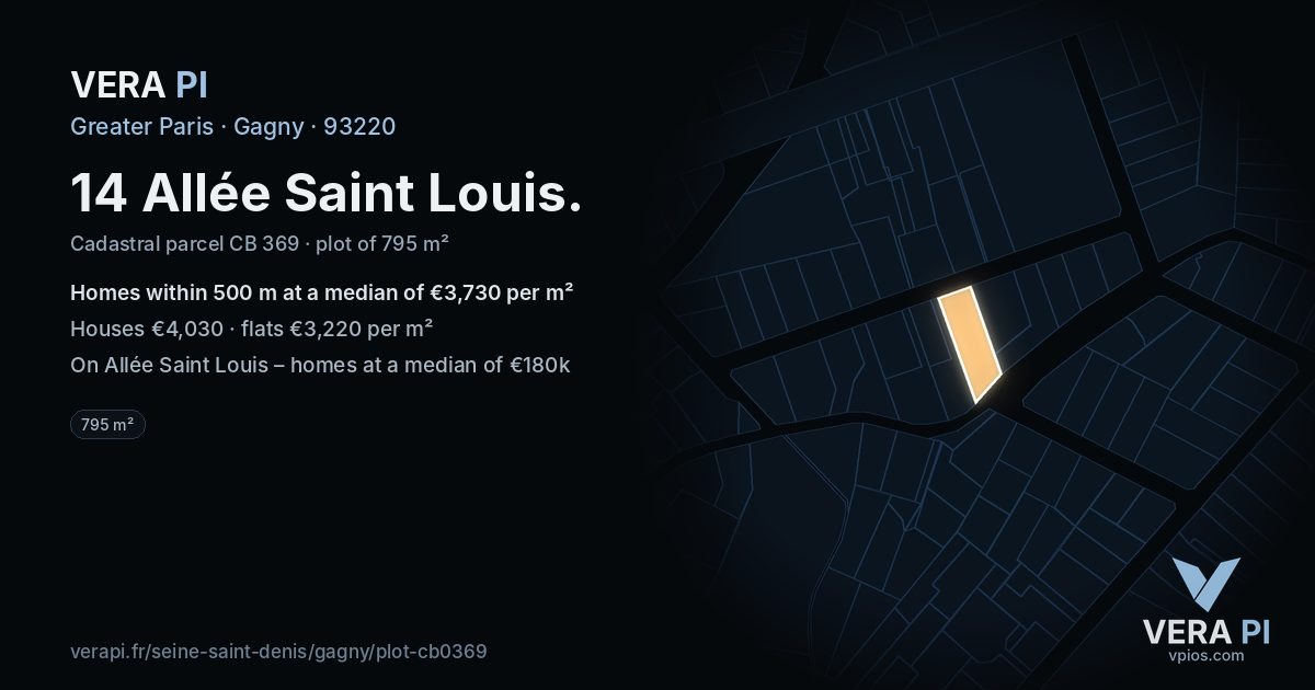 14 Allée Saint Louis, Gagny at night – the plot lit, the parcels around coloured by the prices near them