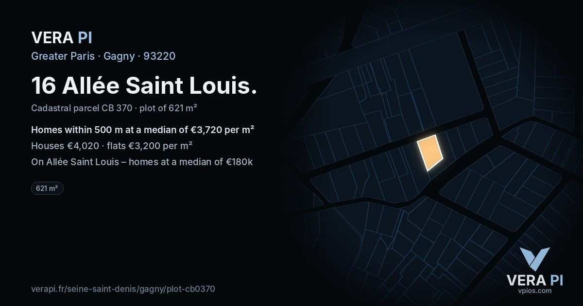 16 Allée Saint Louis, Gagny at night – the plot lit, the parcels around coloured by the prices near them