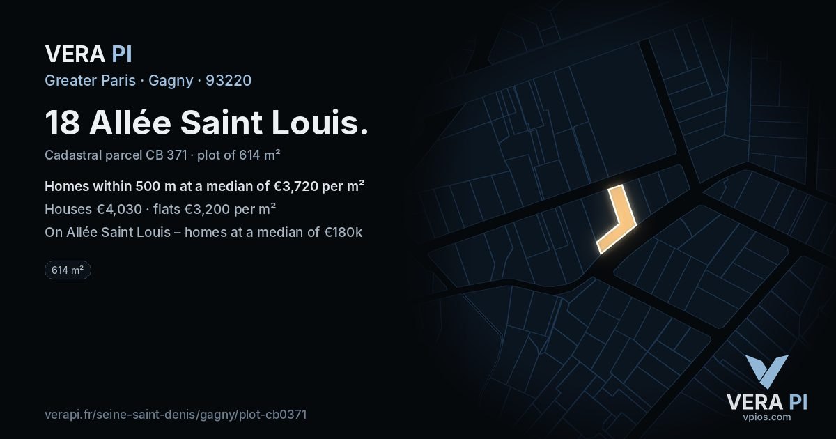 18 Allée Saint Louis, Gagny at night – the plot lit, the parcels around coloured by the prices near them