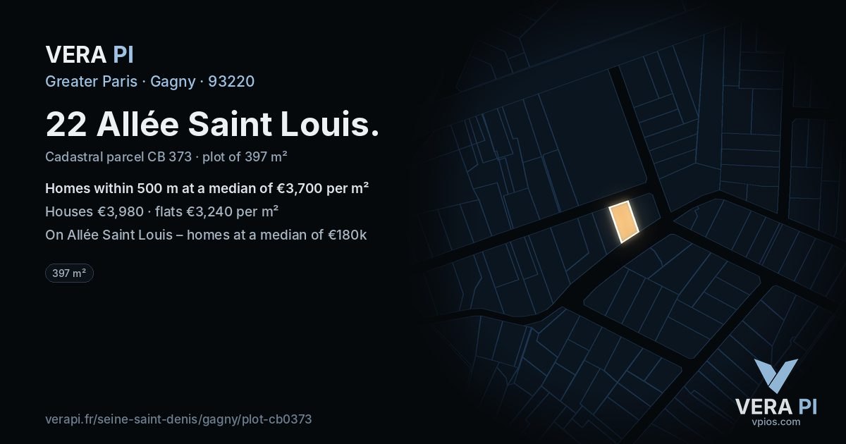 22 Allée Saint Louis, Gagny at night – the plot lit, the parcels around coloured by the prices near them