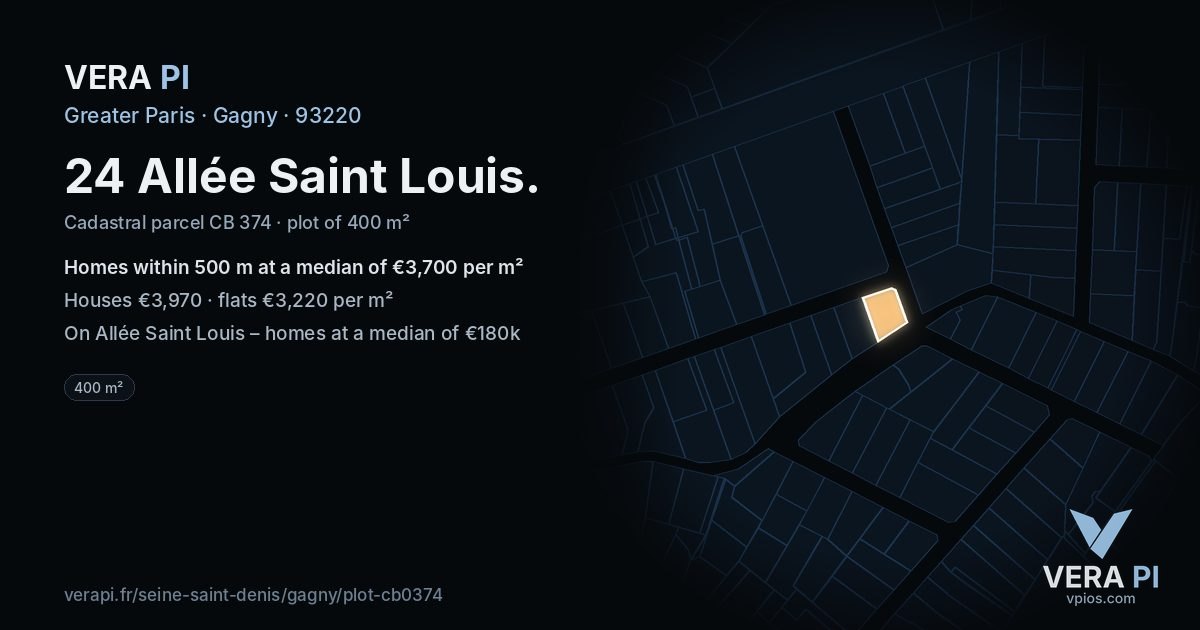 24 Allée Saint Louis, Gagny at night – the plot lit, the parcels around coloured by the prices near them