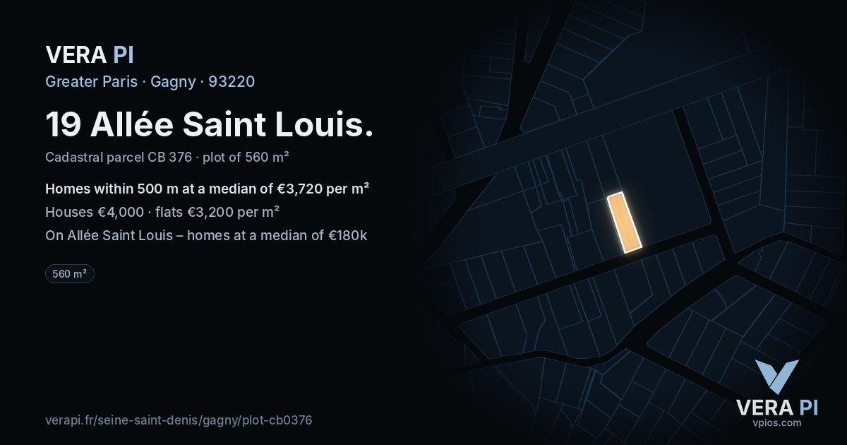 19 Allée Saint Louis, Gagny at night – the plot lit, the parcels around coloured by the prices near them