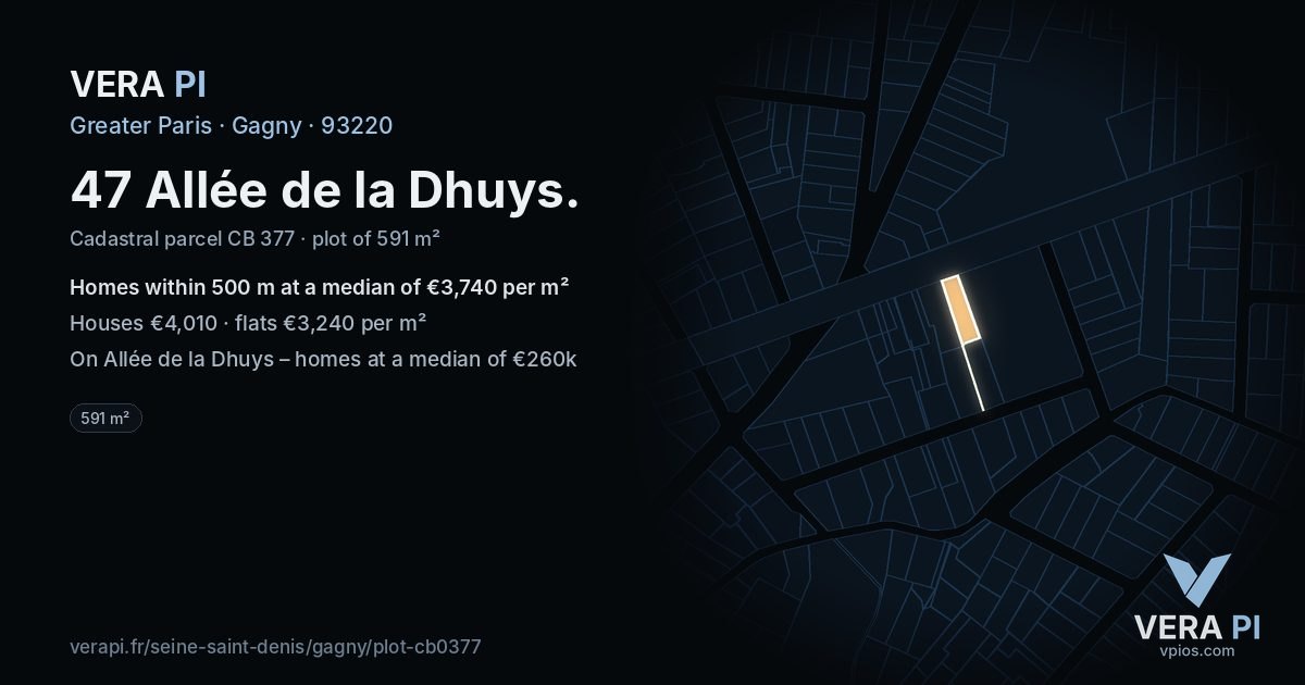 47 Allée de la Dhuys, Gagny at night – the plot lit, the parcels around coloured by the prices near them