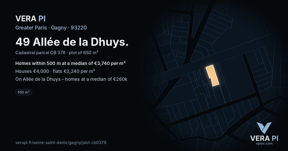 49 Allée de la Dhuys, Gagny at night – the plot lit, the parcels around coloured by the prices near them