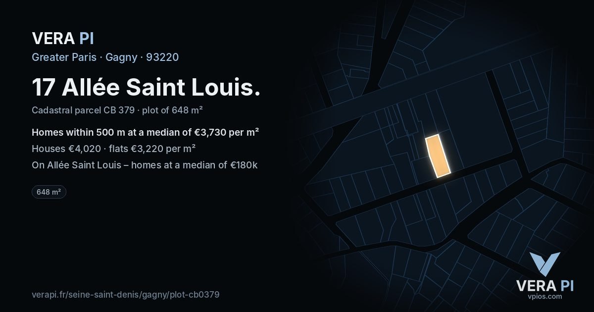 17 Allée Saint Louis, Gagny at night – the plot lit, the parcels around coloured by the prices near them