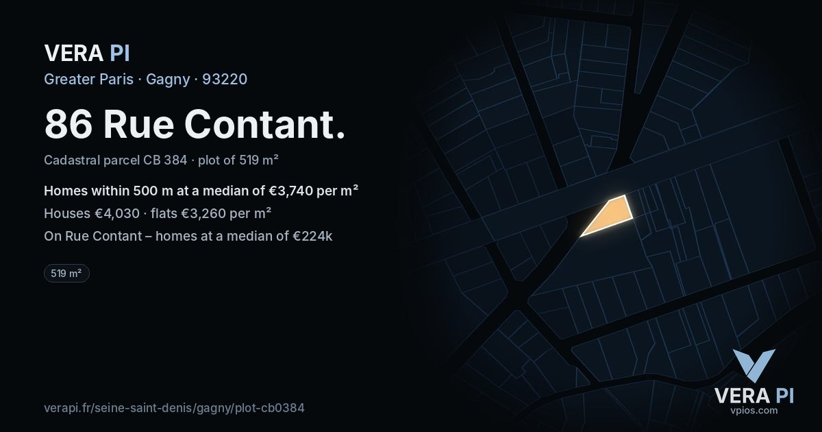 86 Rue Contant, Gagny at night – the plot lit, the parcels around coloured by the prices near them