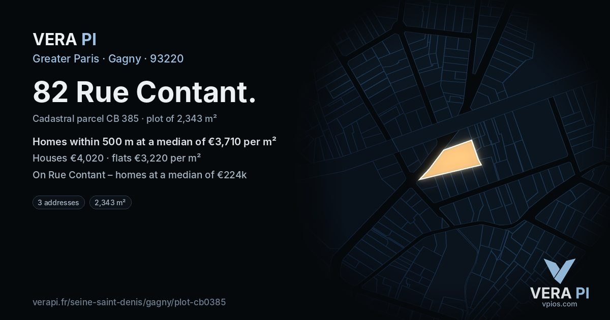 82 Rue Contant, Gagny at night – the plot lit, the parcels around coloured by the prices near them
