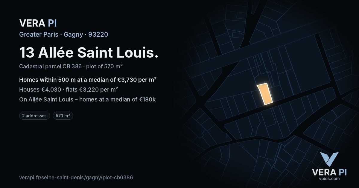 13 Allée Saint Louis, Gagny at night – the plot lit, the parcels around coloured by the prices near them