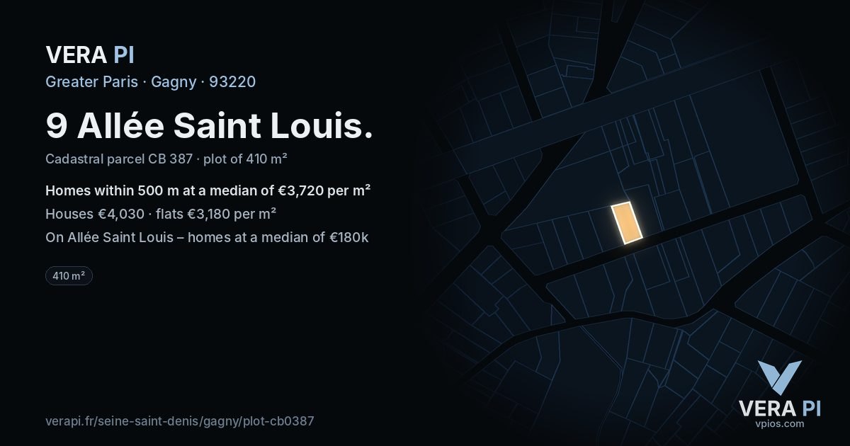 9 Allée Saint Louis, Gagny at night – the plot lit, the parcels around coloured by the prices near them