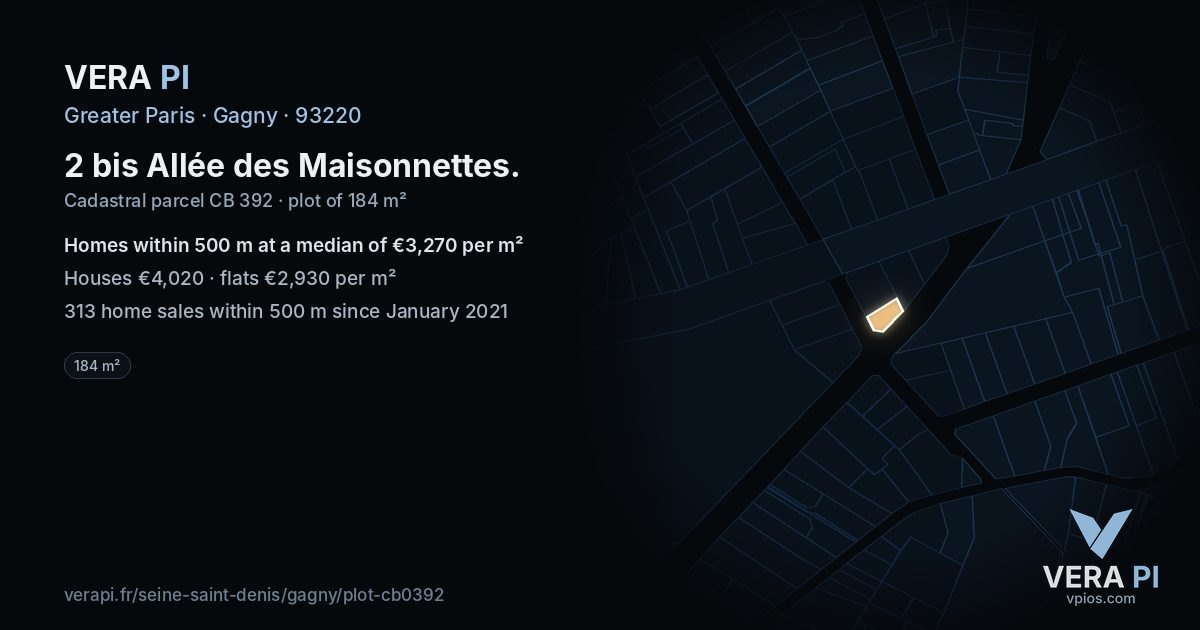 2 bis Allée des Maisonnettes, Gagny at night – the plot lit, the parcels around coloured by the prices near them