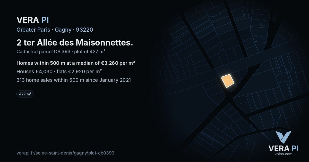 2 ter Allée des Maisonnettes, Gagny at night – the plot lit, the parcels around coloured by the prices near them