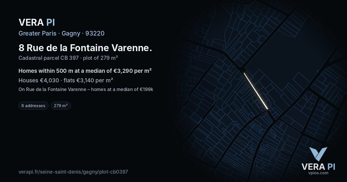 8 Rue de la Fontaine Varenne, Gagny at night – the plot lit, the parcels around coloured by the prices near them