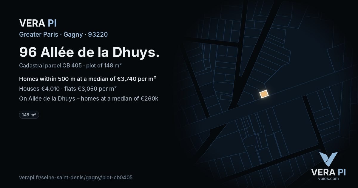 96 Allée de la Dhuys, Gagny at night – the plot lit, the parcels around coloured by the prices near them