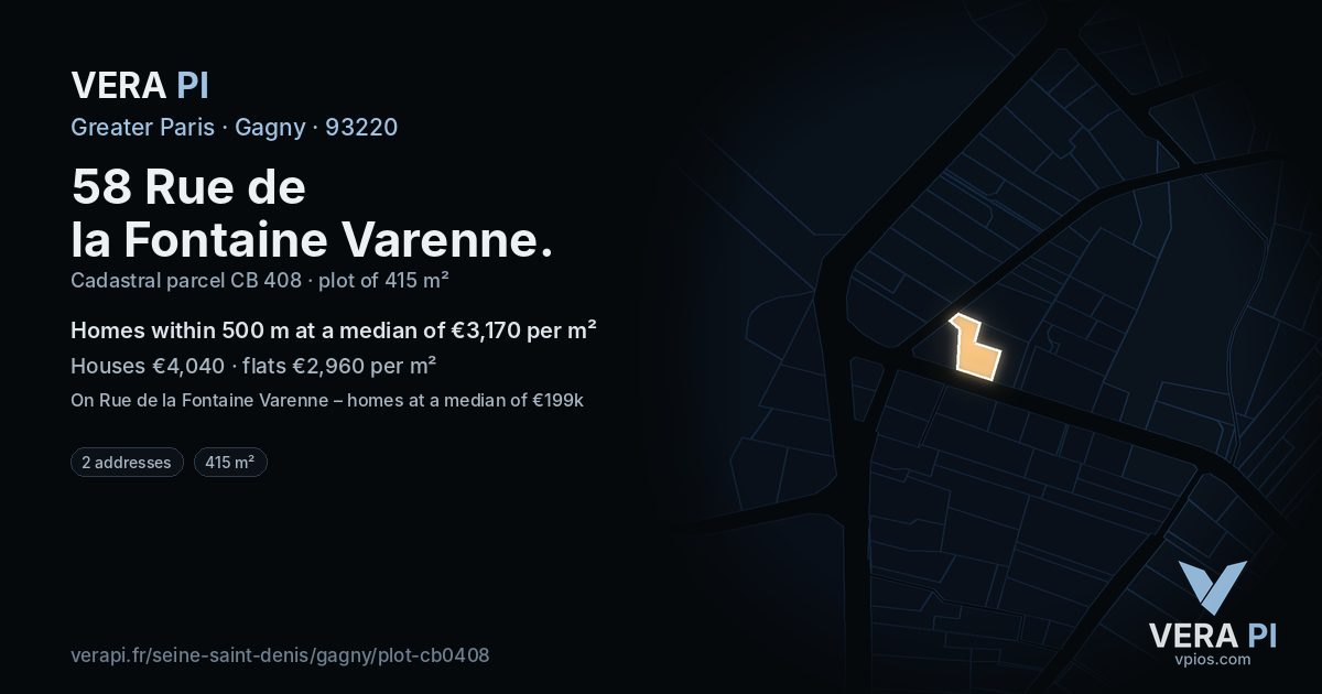 58 Rue de la Fontaine Varenne, Gagny at night – the plot lit, the parcels around coloured by the prices near them