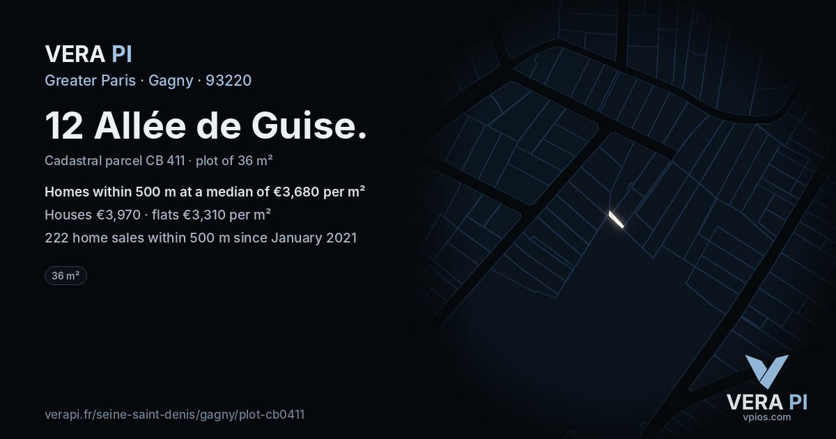 12 Allée de Guise, Gagny at night – the plot lit, the parcels around coloured by the prices near them