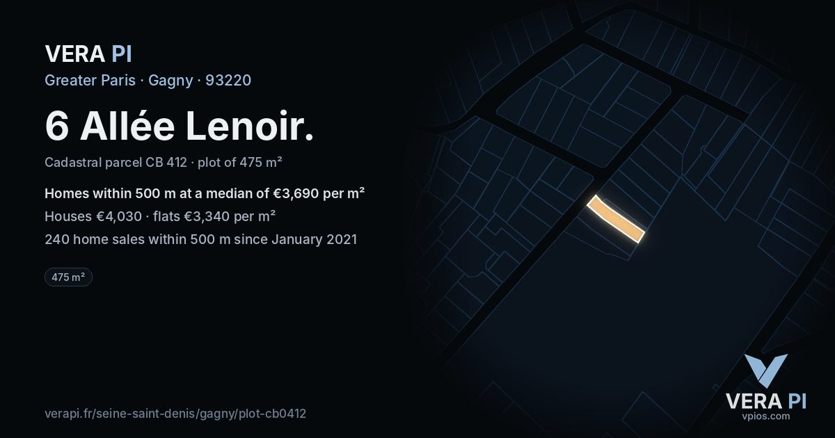 6 Allée Lenoir, Gagny at night – the plot lit, the parcels around coloured by the prices near them