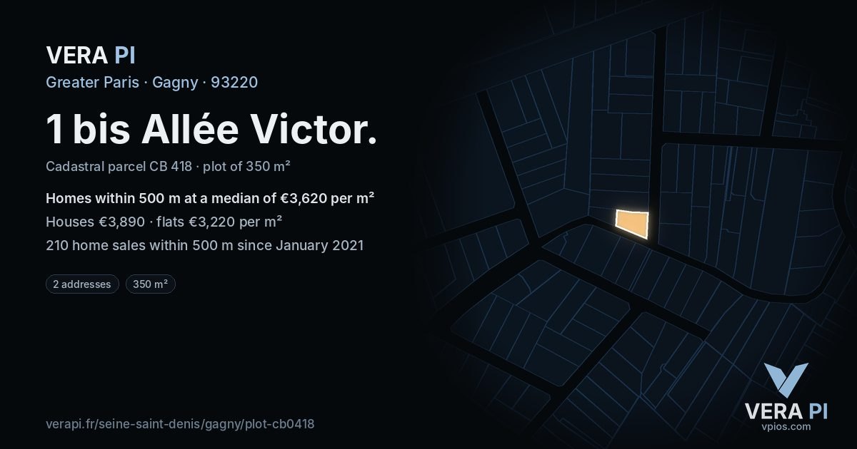 1 bis Allée Victor, Gagny at night – the plot lit, the parcels around coloured by the prices near them