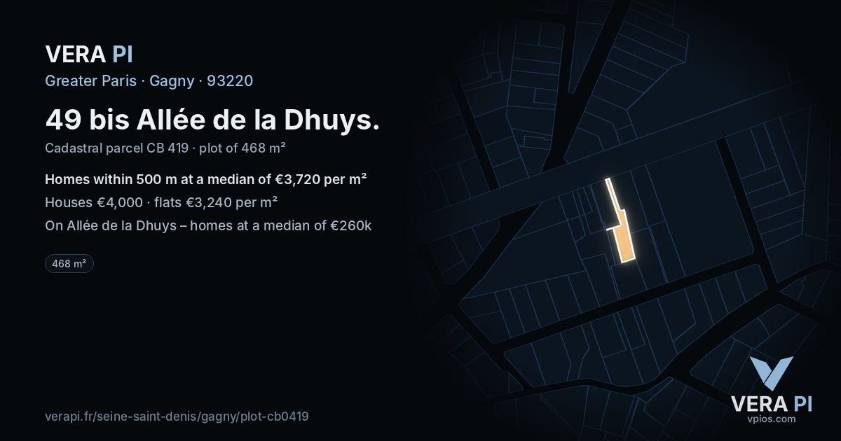 49 bis Allée de la Dhuys, Gagny at night – the plot lit, the parcels around coloured by the prices near them