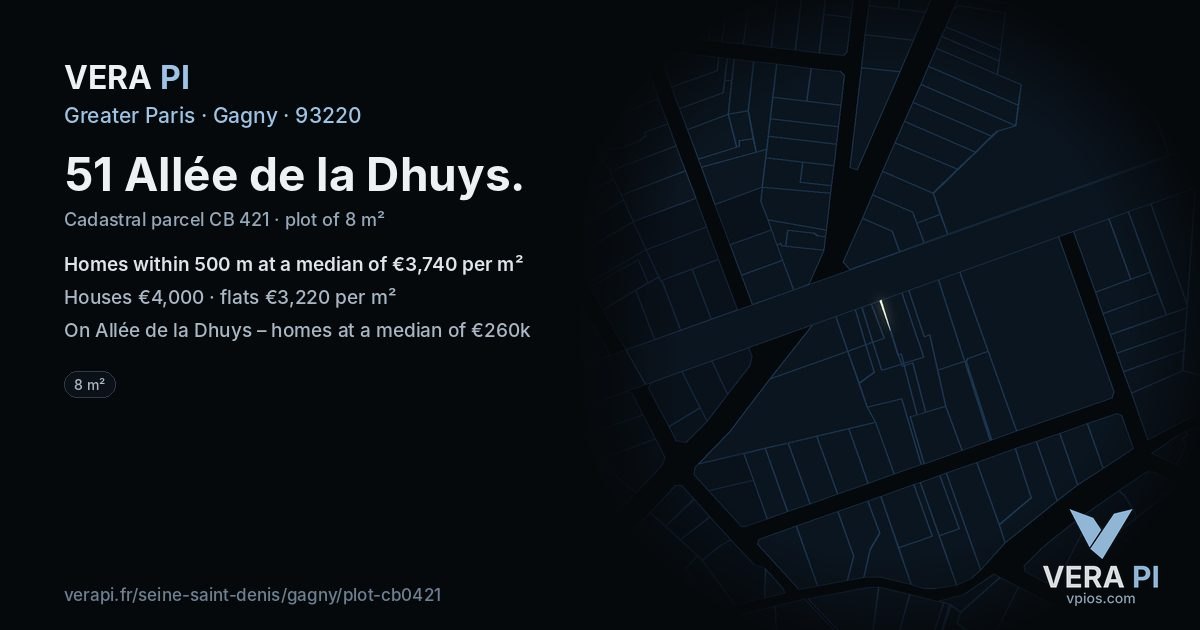 51 Allée de la Dhuys, Gagny at night – the plot lit, the parcels around coloured by the prices near them
