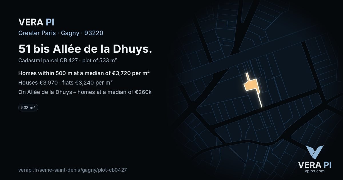 51 bis Allée de la Dhuys, Gagny at night – the plot lit, the parcels around coloured by the prices near them