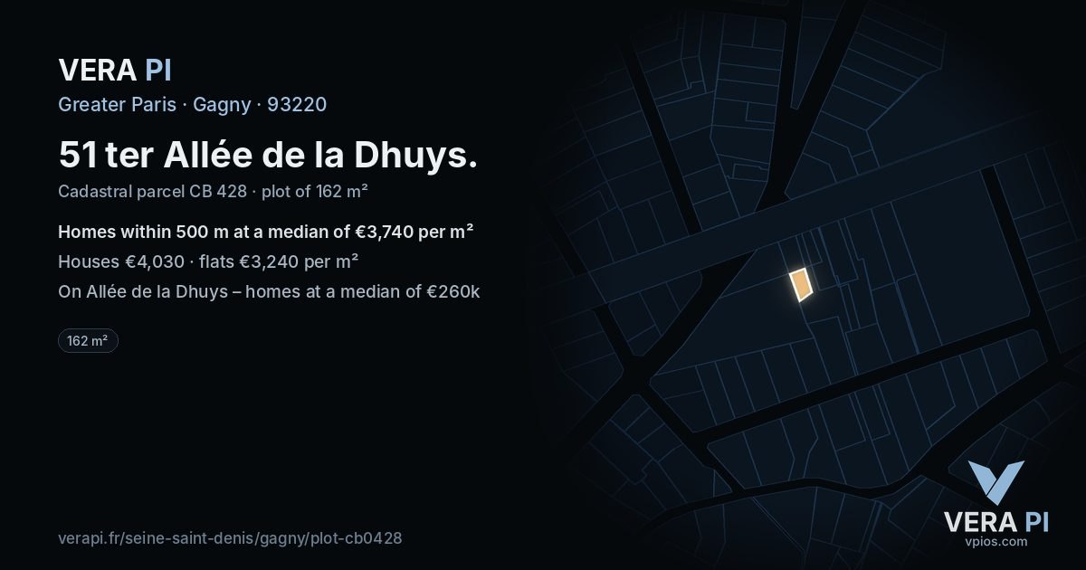 51 ter Allée de la Dhuys, Gagny at night – the plot lit, the parcels around coloured by the prices near them
