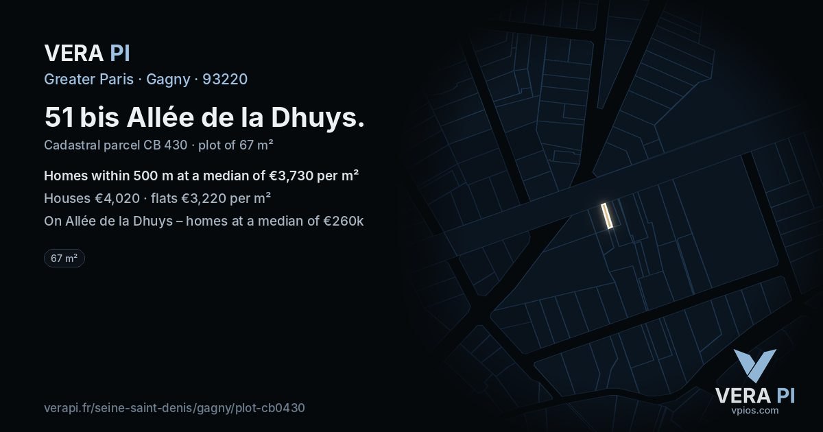 51 bis Allée de la Dhuys, Gagny at night – the plot lit, the parcels around coloured by the prices near them