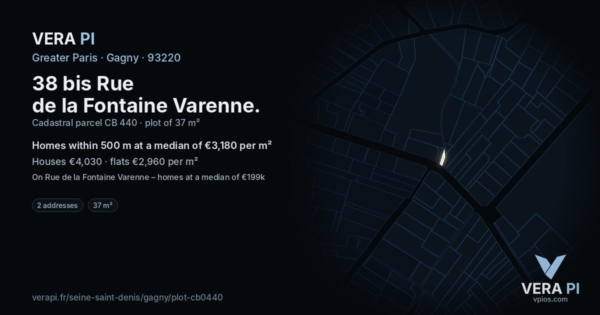 38 bis Rue de la Fontaine Varenne, Gagny at night – the plot lit, the parcels around coloured by the prices near them