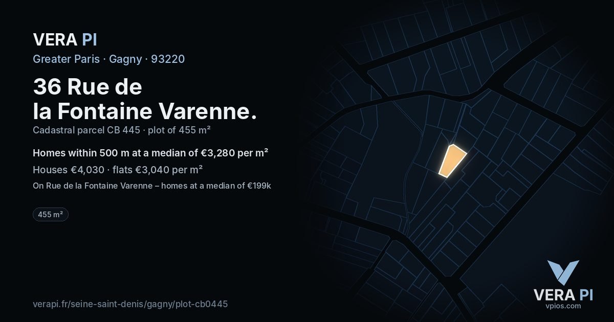 36 Rue de la Fontaine Varenne, Gagny at night – the plot lit, the parcels around coloured by the prices near them