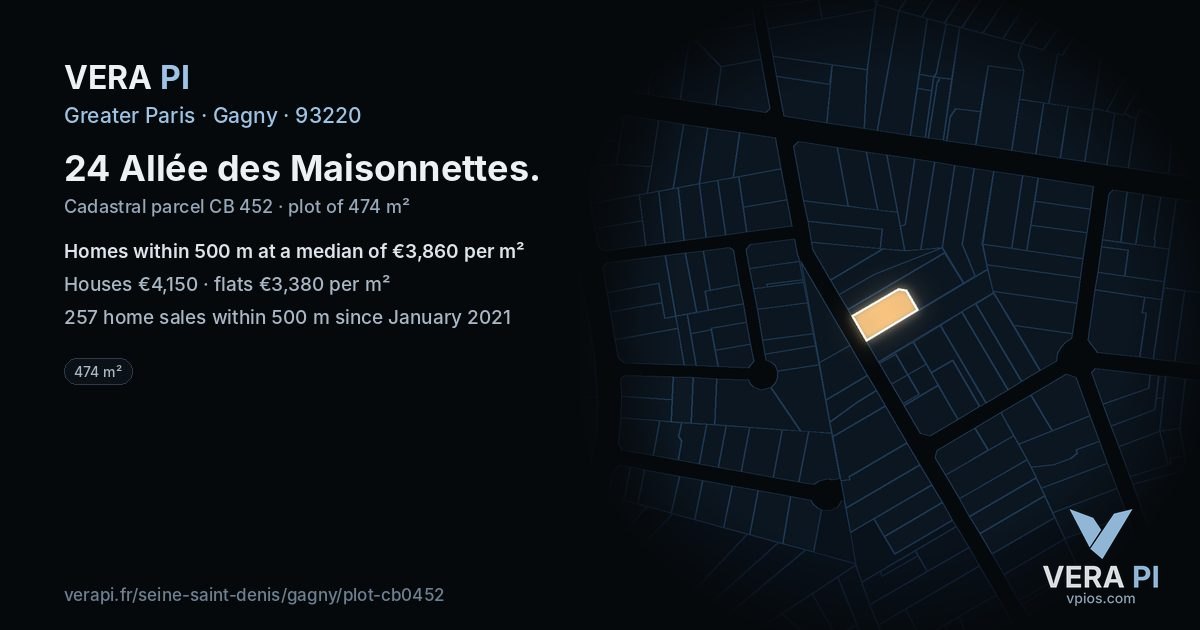 24 Allée des Maisonnettes, Gagny at night – the plot lit, the parcels around coloured by the prices near them