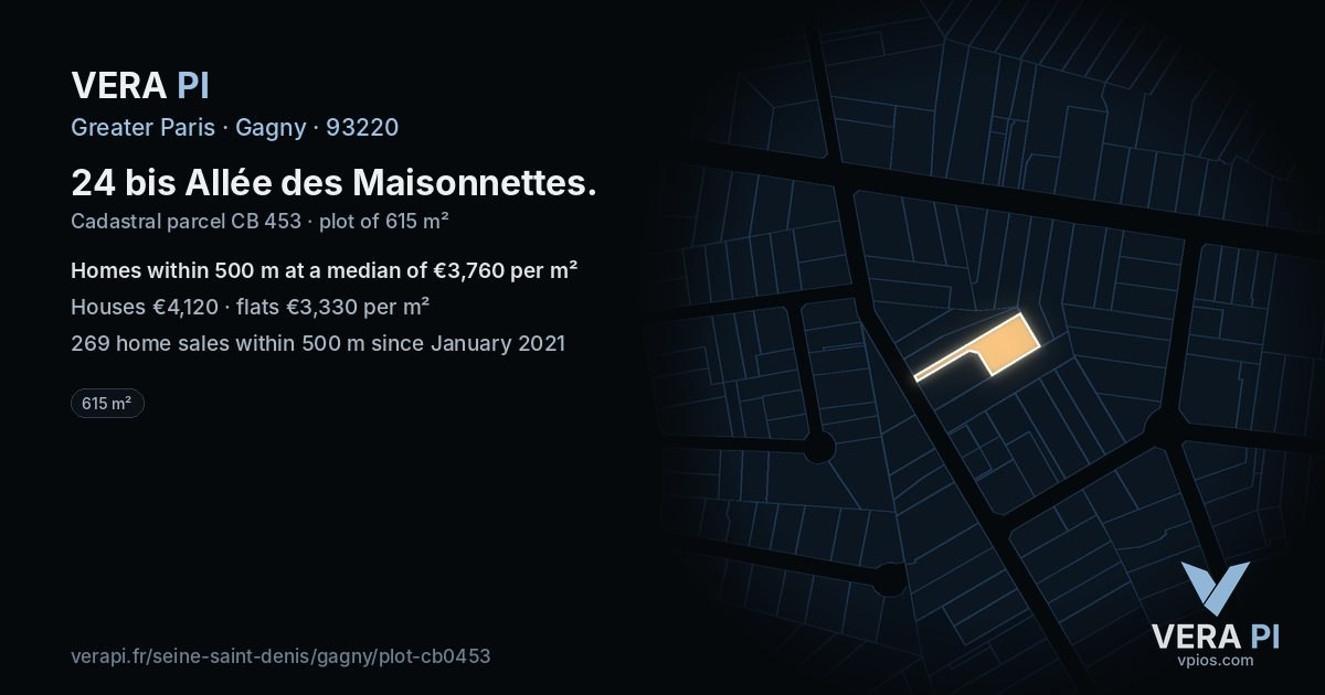 24 bis Allée des Maisonnettes, Gagny at night – the plot lit, the parcels around coloured by the prices near them
