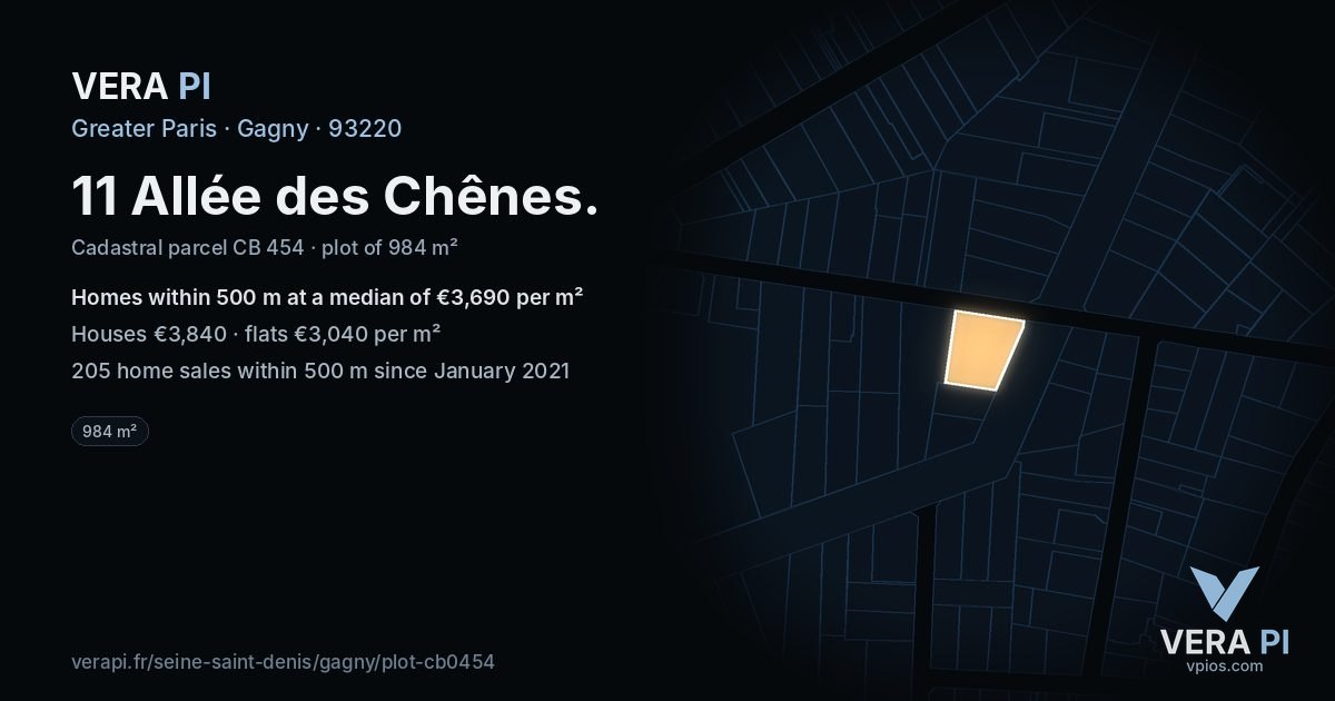 11 Allée des Chênes, Gagny at night – the plot lit, the parcels around coloured by the prices near them