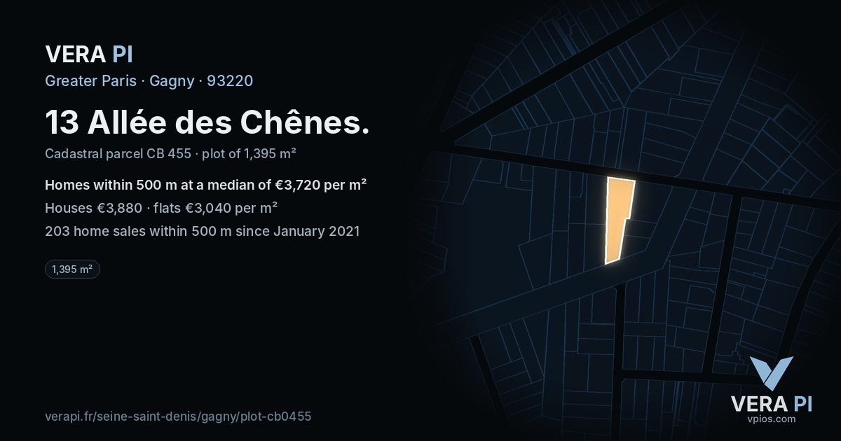 13 Allée des Chênes, Gagny at night – the plot lit, the parcels around coloured by the prices near them