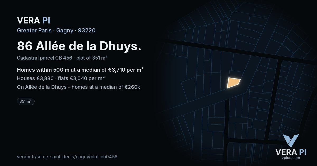86 Allée de la Dhuys, Gagny at night – the plot lit, the parcels around coloured by the prices near them