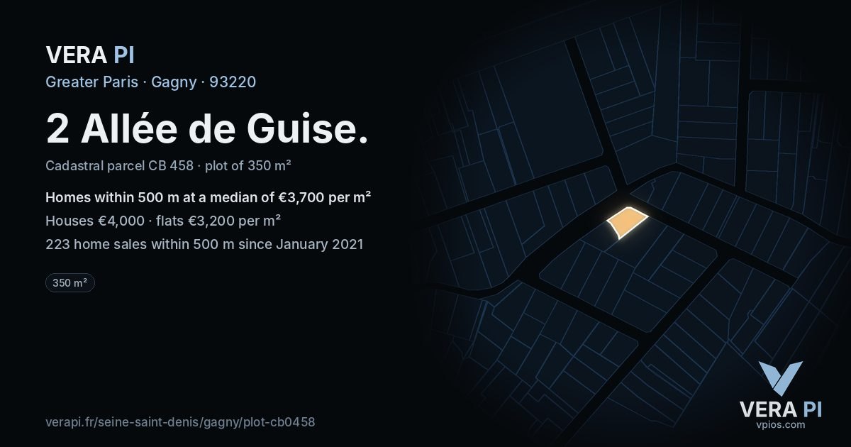 2 Allée de Guise, Gagny at night – the plot lit, the parcels around coloured by the prices near them