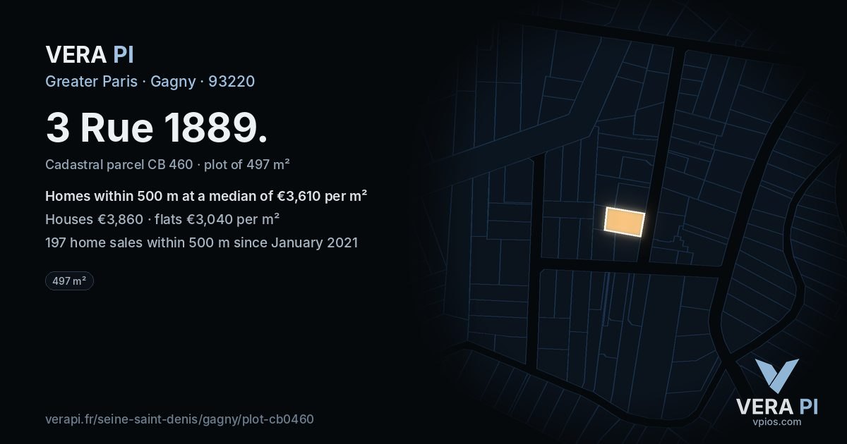 3 Rue 1889, Gagny at night – the plot lit, the parcels around coloured by the prices near them