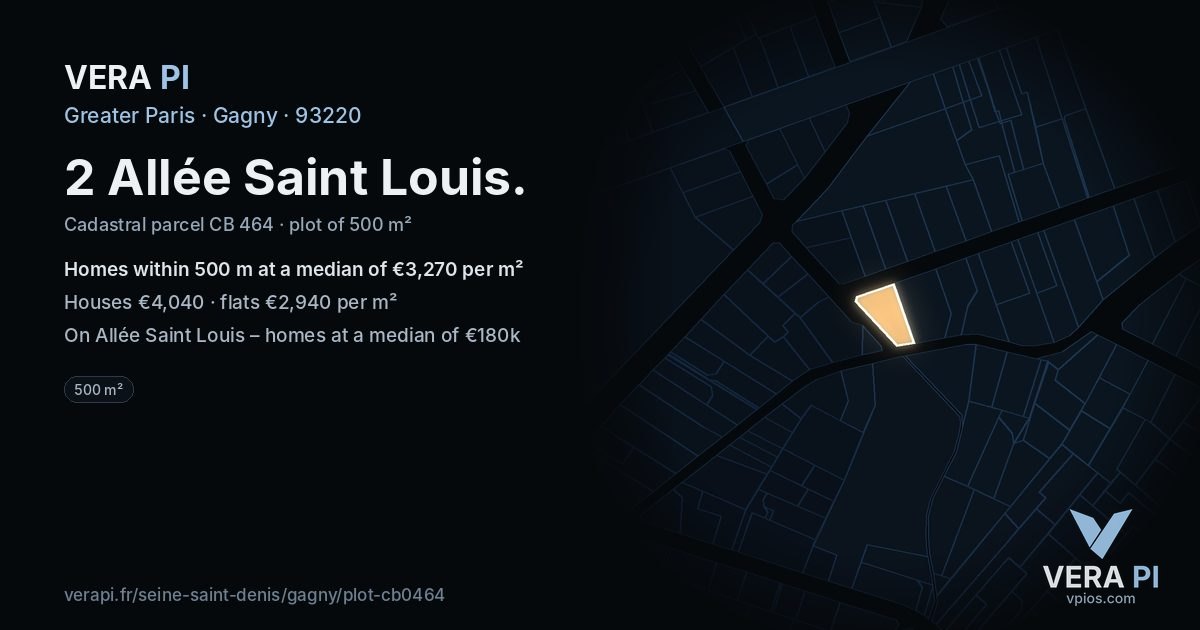 2 Allée Saint Louis, Gagny at night – the plot lit, the parcels around coloured by the prices near them